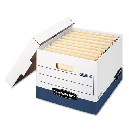 Bankers Box STOR/FILE(TM) END TAB Storage Boxes, 12.75" W, 15" D, 10" H, Lift-Off Lid Closure, White/Blue 00709